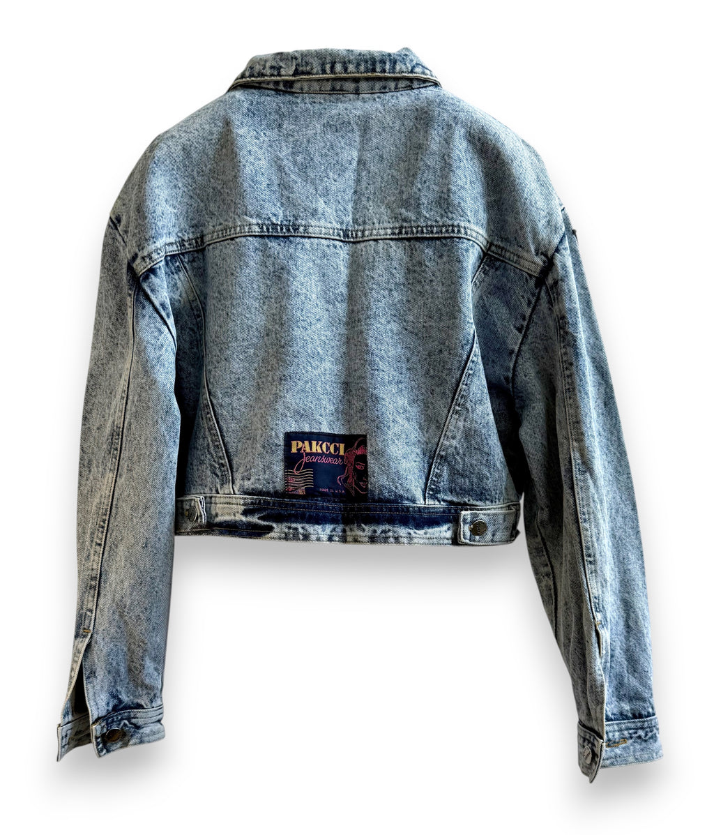 Vintage Acid Wash Cropped Denim Jacket with Patches