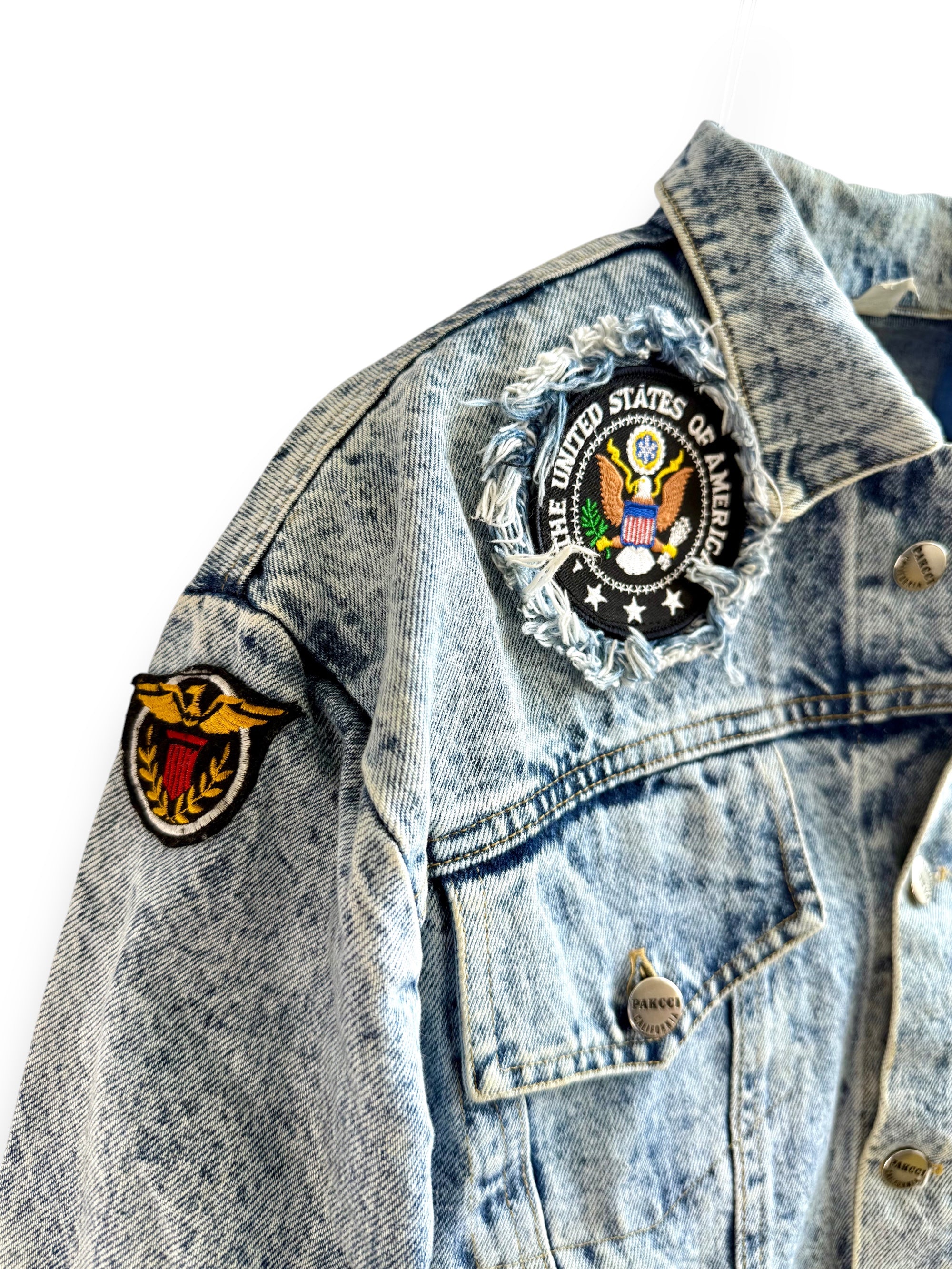 Vintage Acid Wash Cropped Denim Jacket with Patches