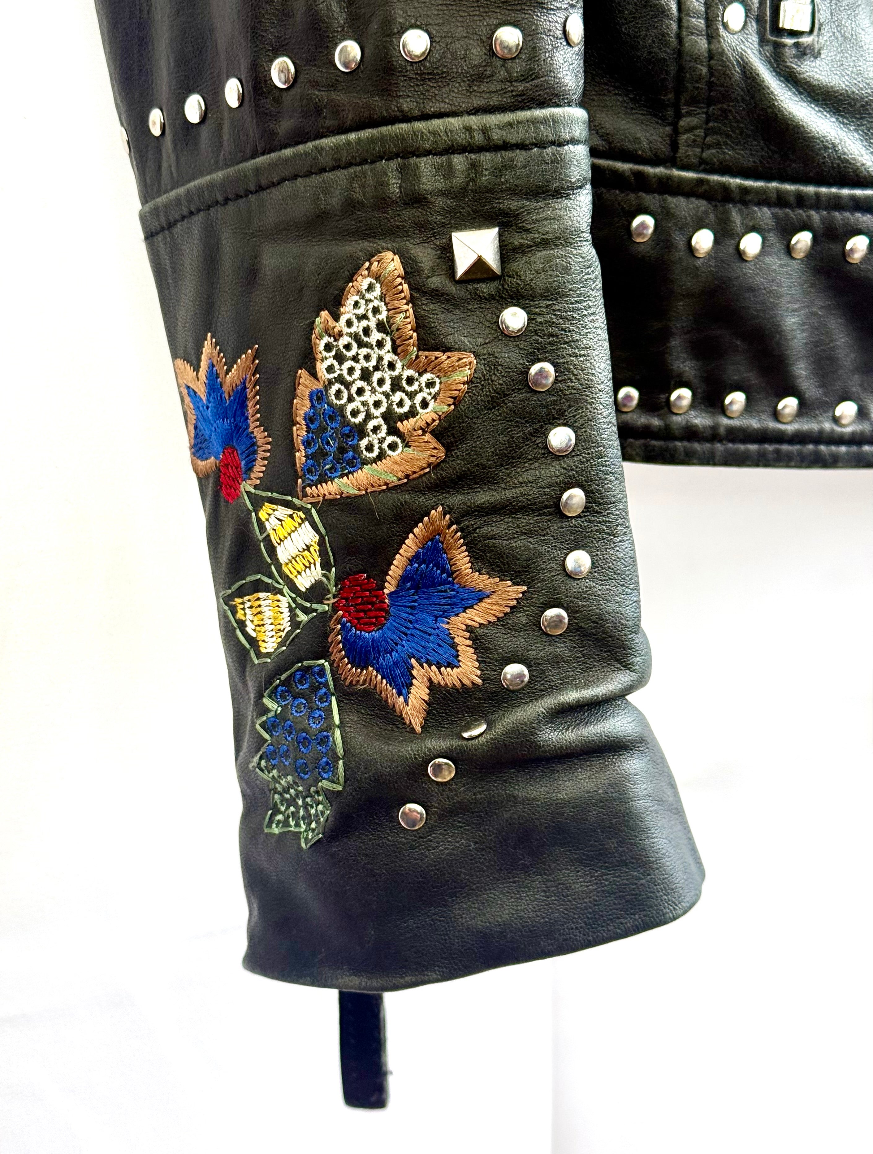 Vintage Embroidered Studded Leather Biker Jacket