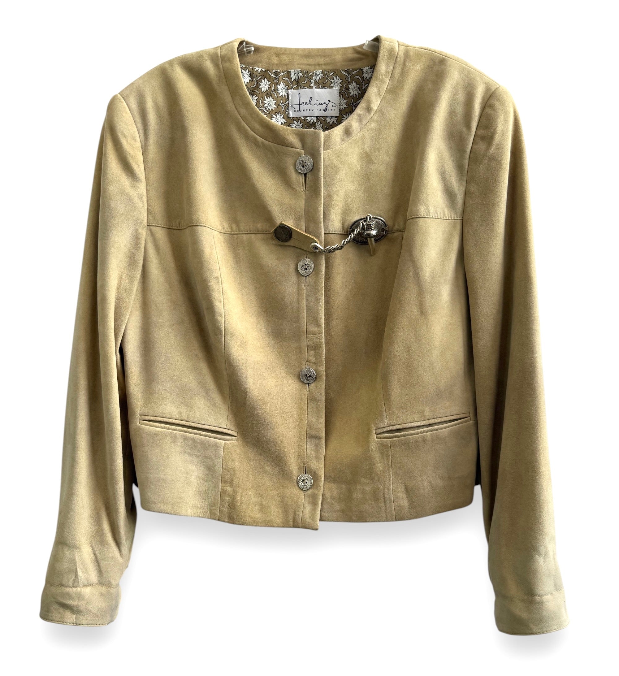 Beige Suede Vintage Jacket with Decorative Closure