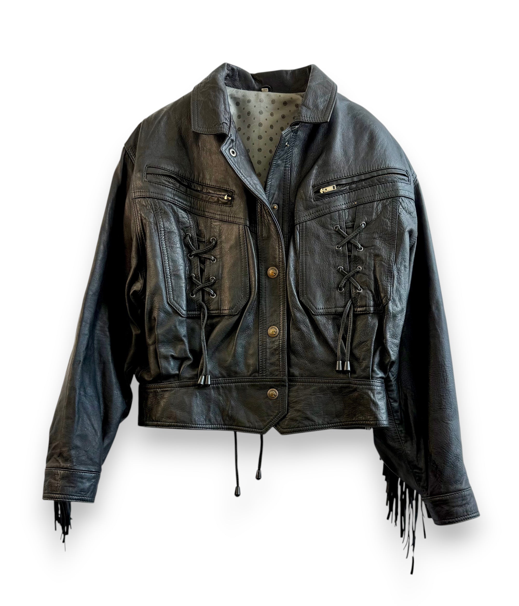 Vintage Black Leather Jacket with Lace Details
