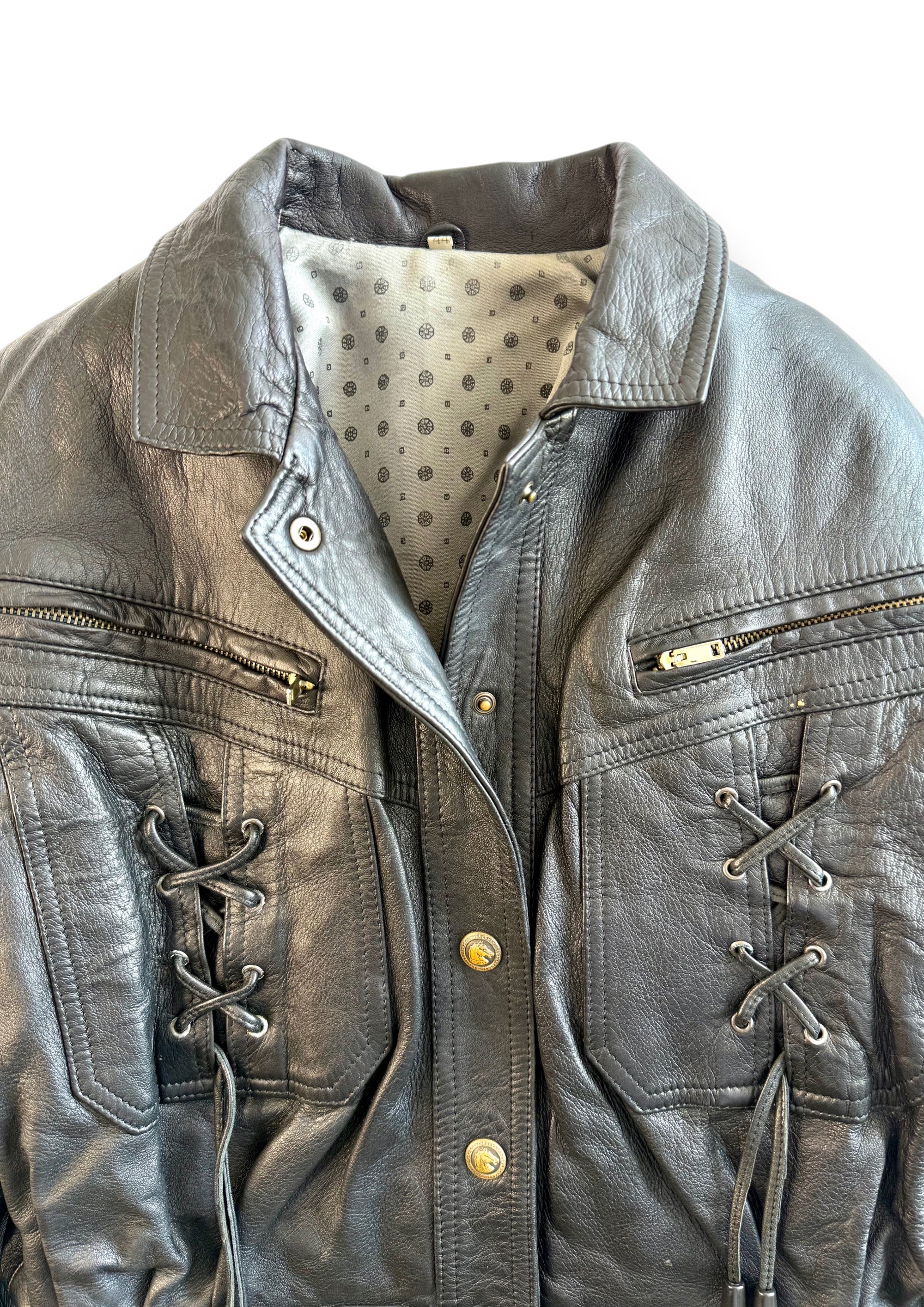 Vintage Black Leather Jacket with Lace Details