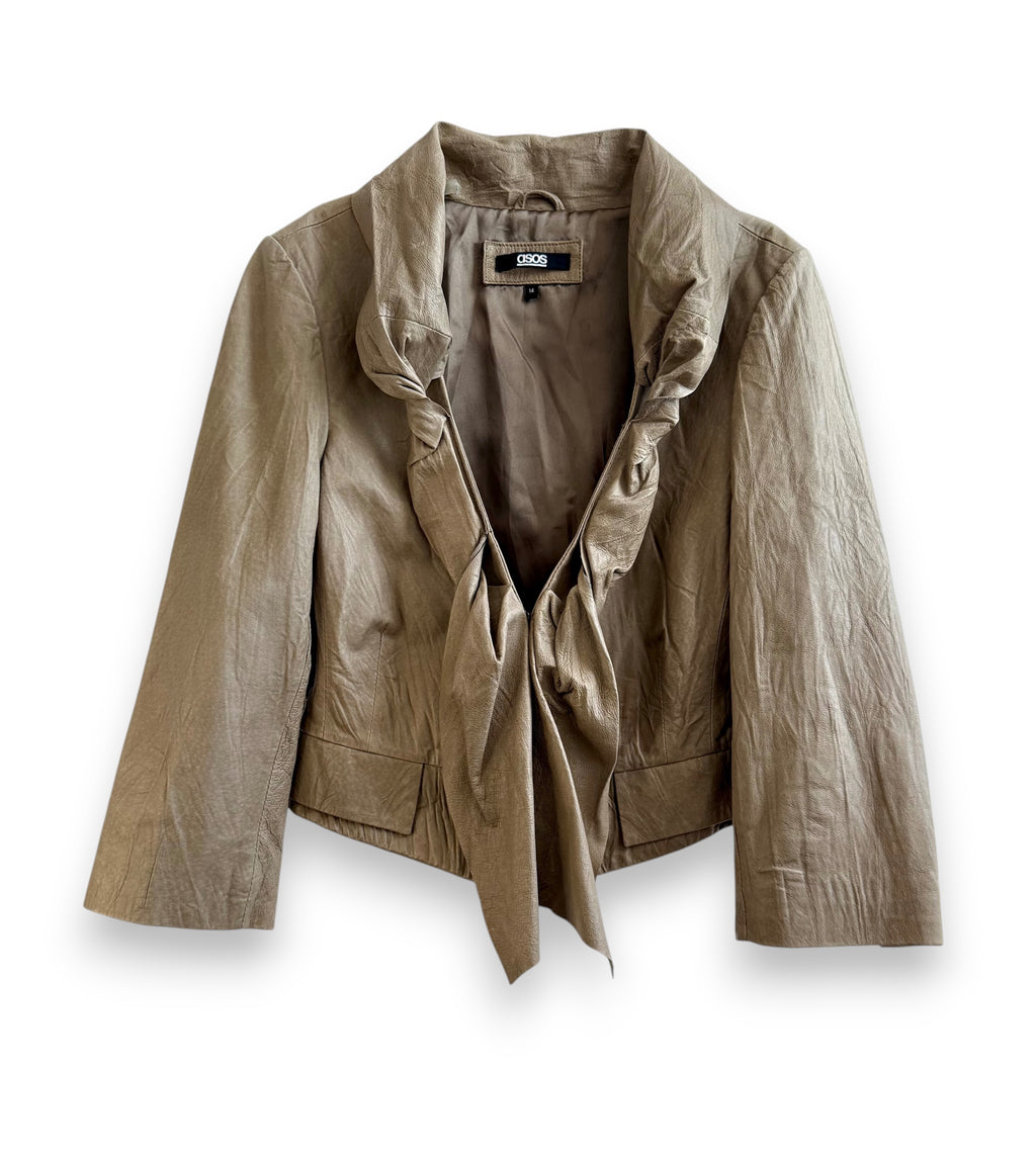 Vintage Beige Leather Blazer with Tie Detail