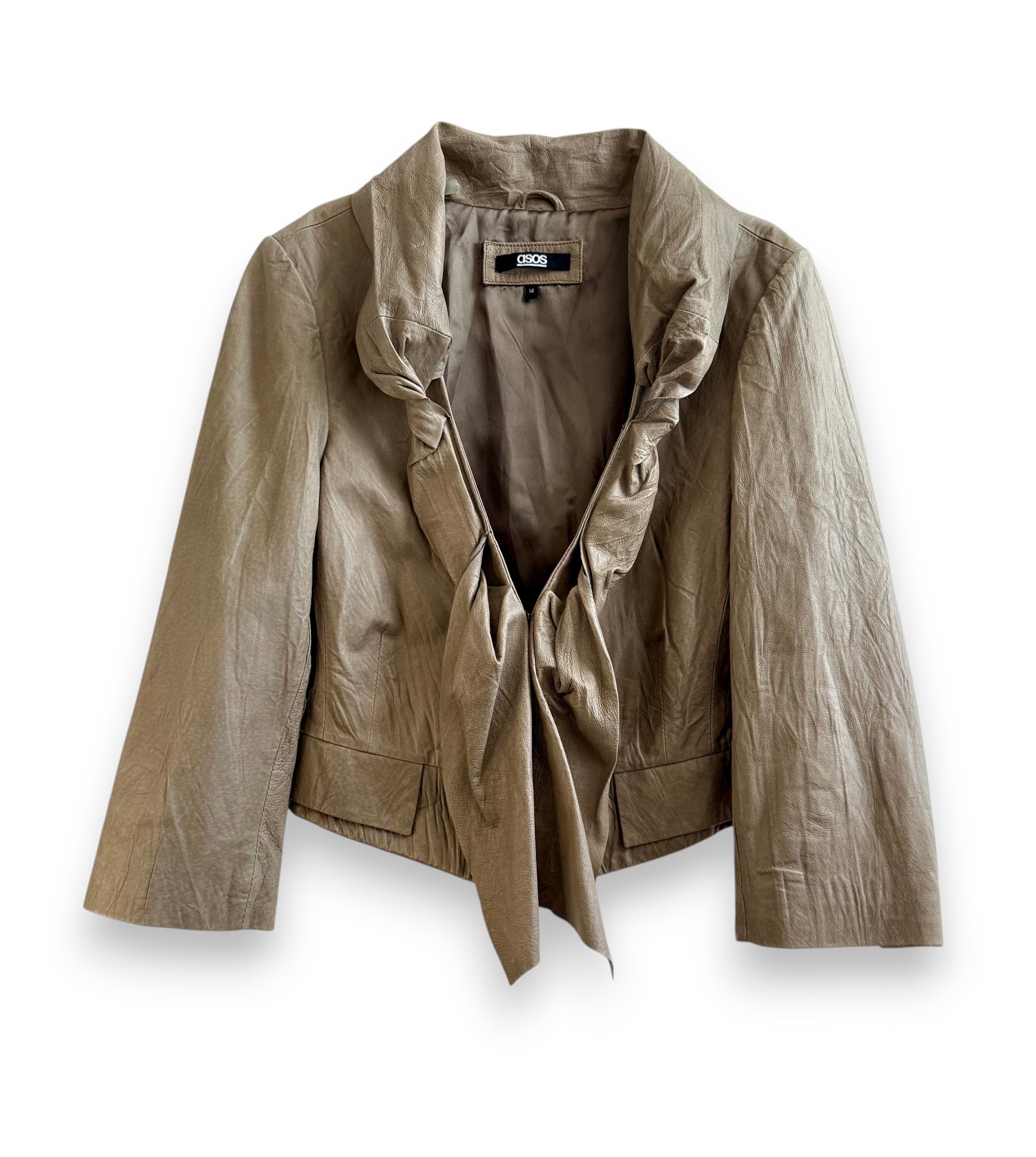 Vintage Beige Leather Blazer with Tie Detail