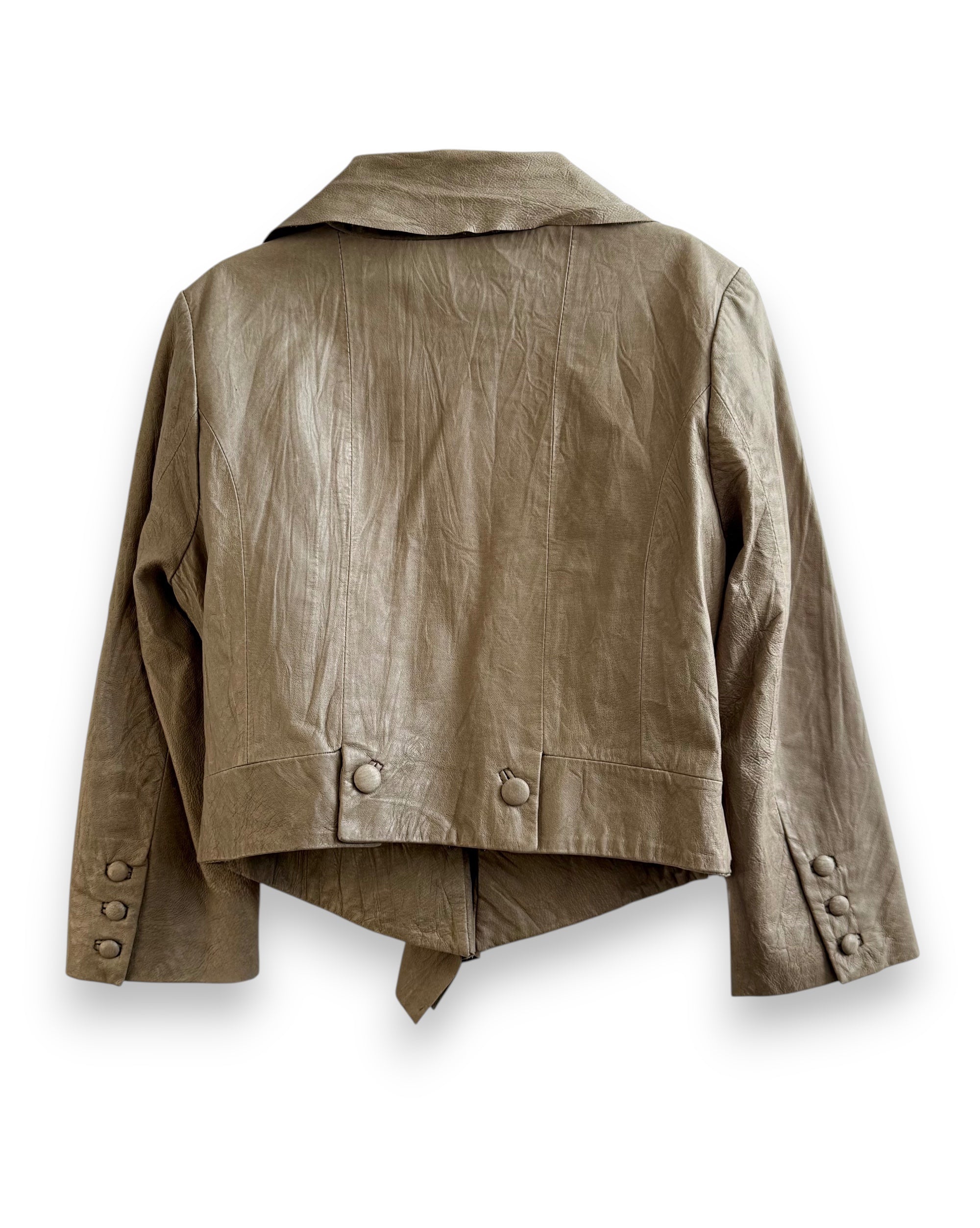 Vintage Beige Leather Blazer with Tie Detail