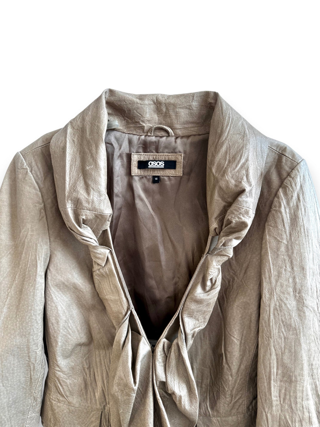 Vintage Beige Leather Blazer with Tie Detail