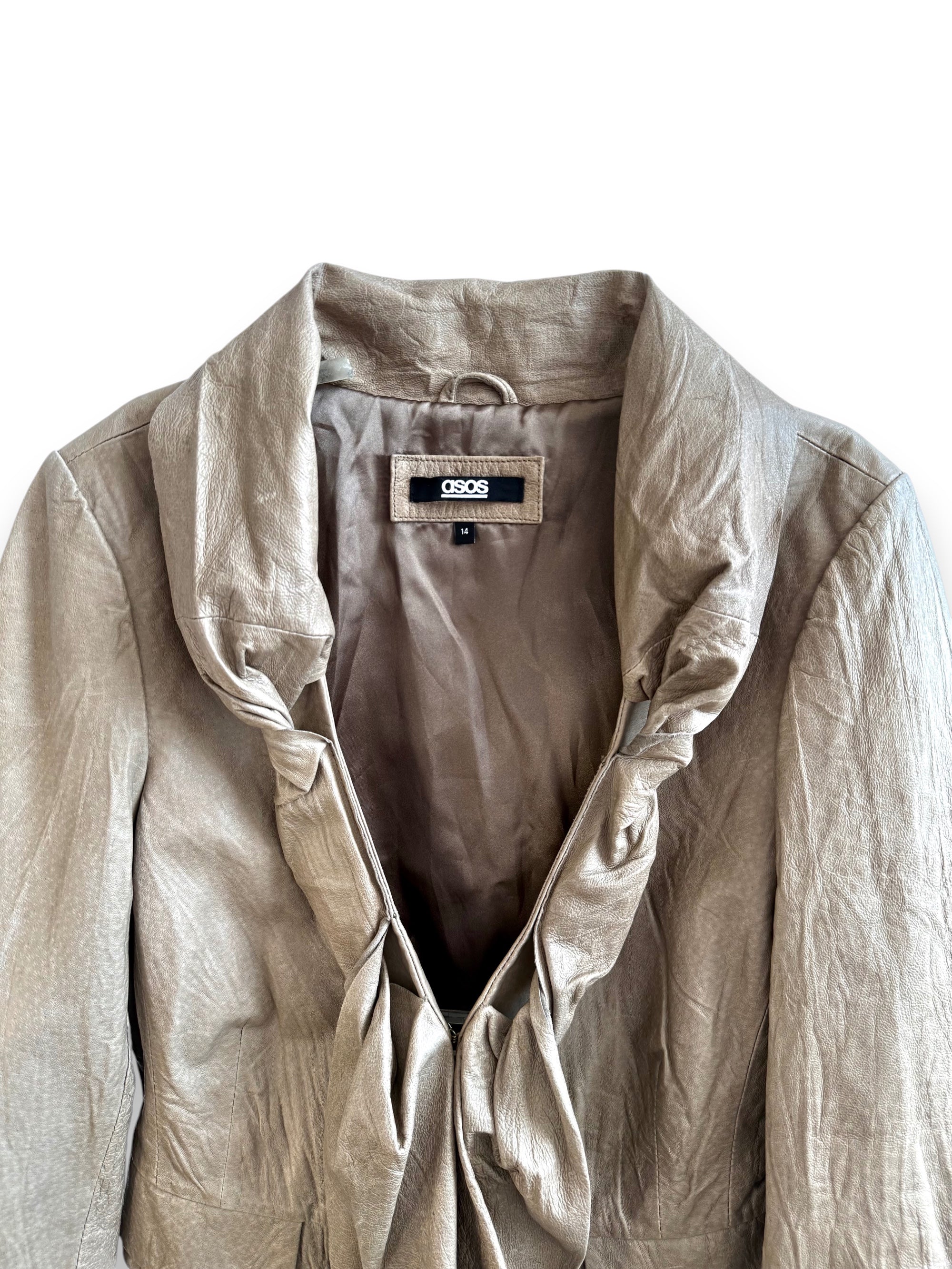 Vintage Beige Leather Blazer with Tie Detail
