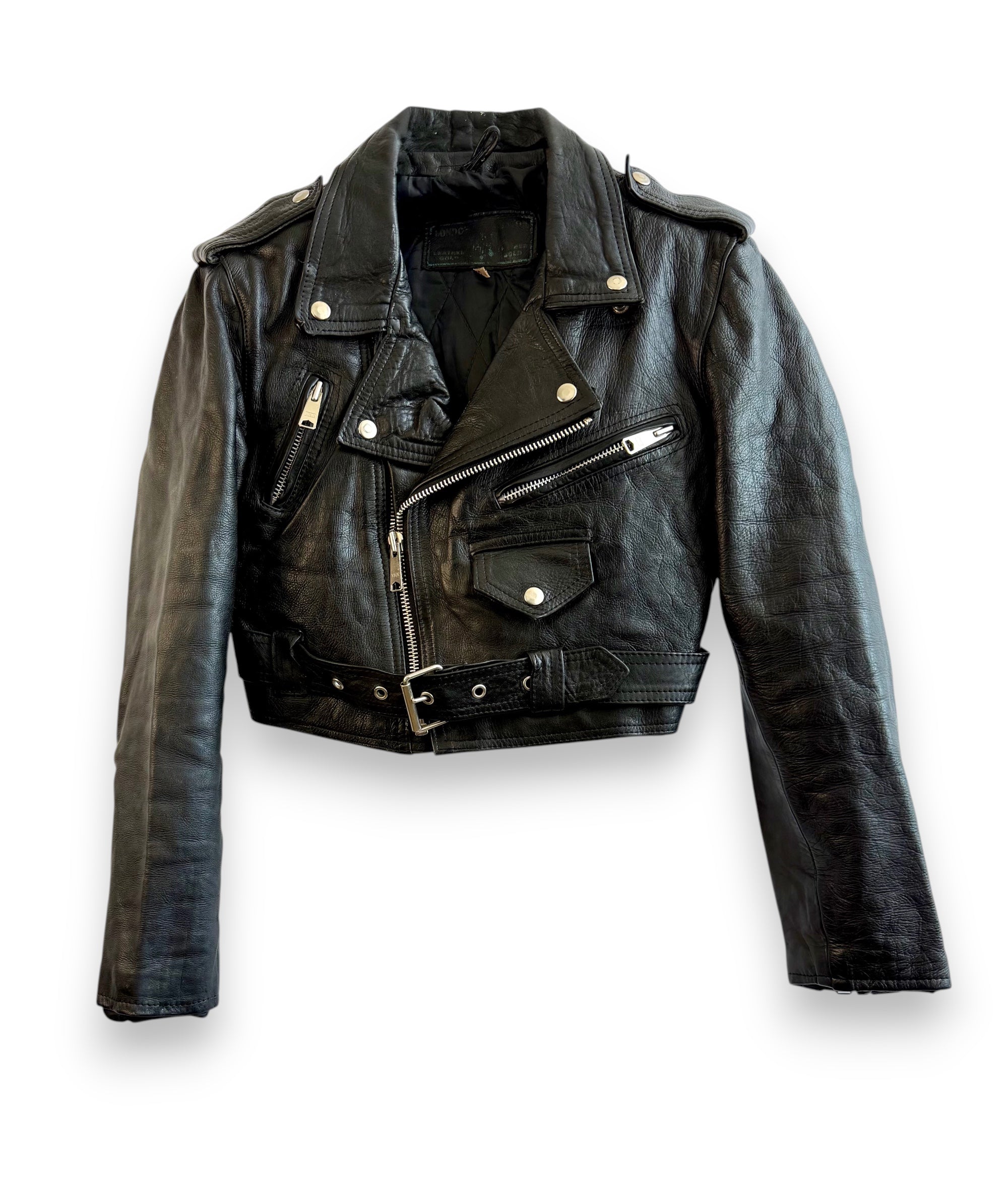 Vintage Cropped Black Biker Leather Jacket