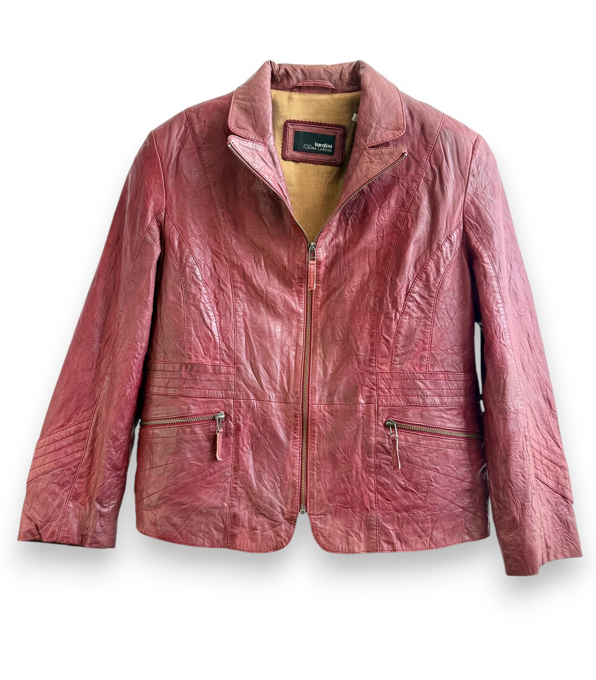 Vintage Red Leather Jacket with Worn Patina Effect