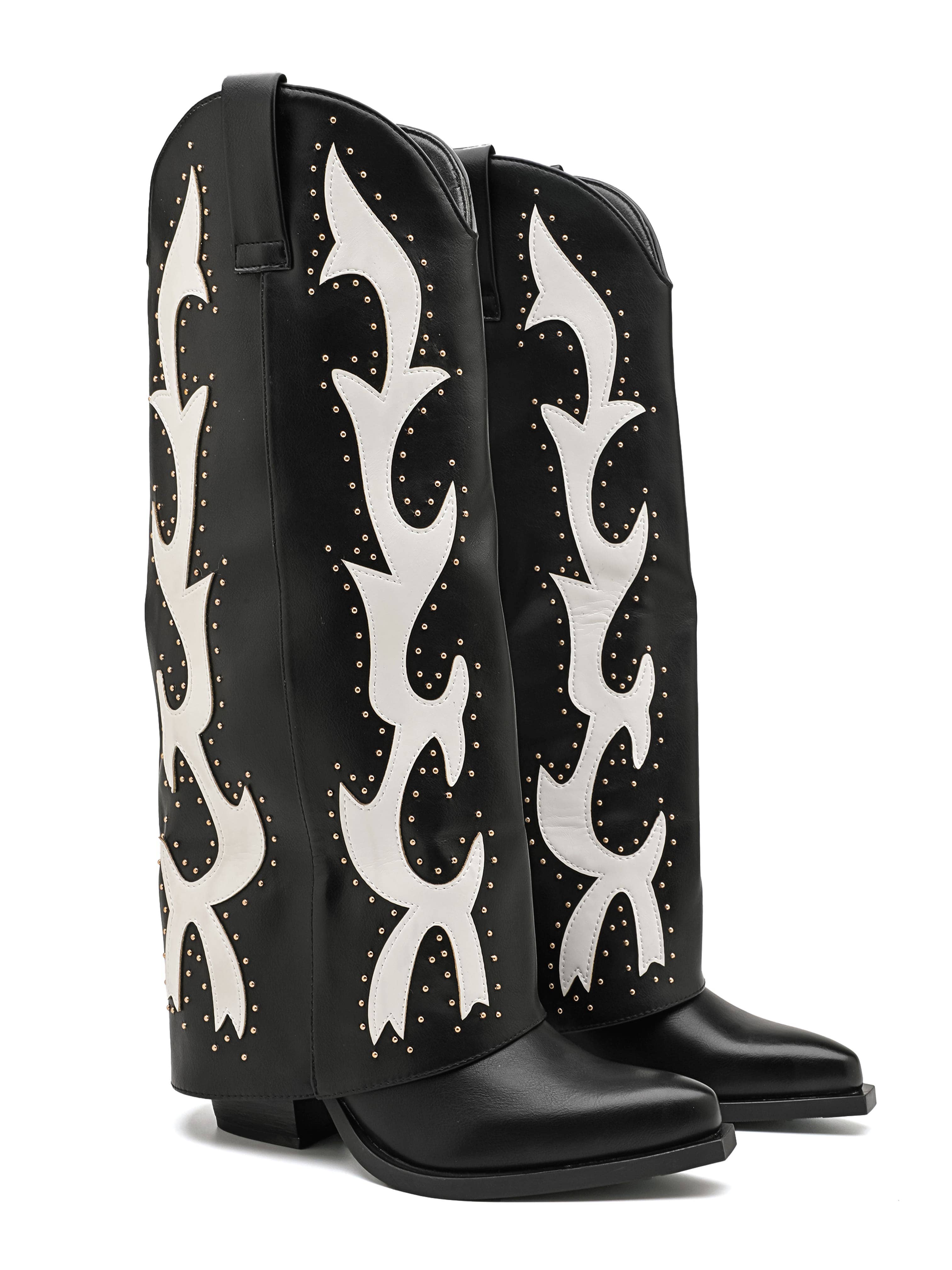 Flame Stud Western Knee Boots — Black